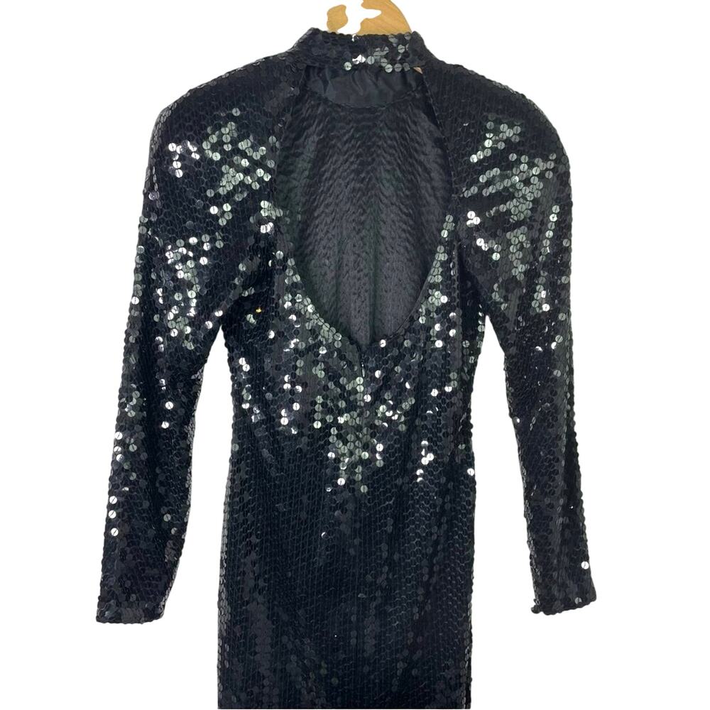 Vintage Black Sequin Dress Long Sleeve 1980s Glam Sparkle - Picture 5 of 10